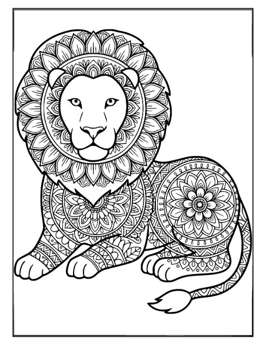 A seated lion with a floral mane and intricate geometric patterns across its body coloring page.