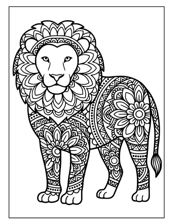 Lion standing in profile with a mane and body filled with dense floral patterns coloring sheet.