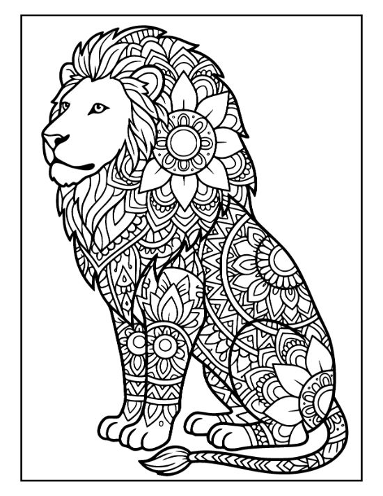 A sitting lion with a mane and body filled with floral patterns and geometric zentangle shapes coloring page.