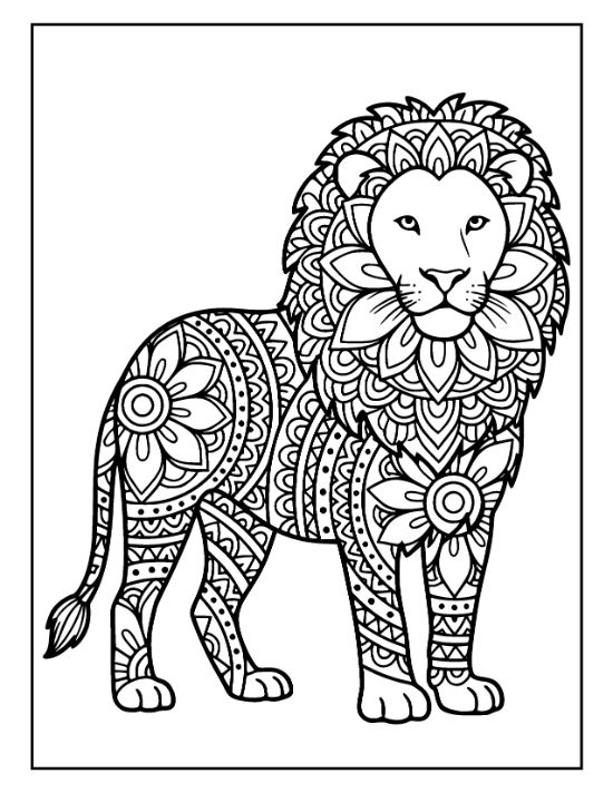 A standing lion with a mane and body filled with intricate floral and geometric patterns coloring sheet.