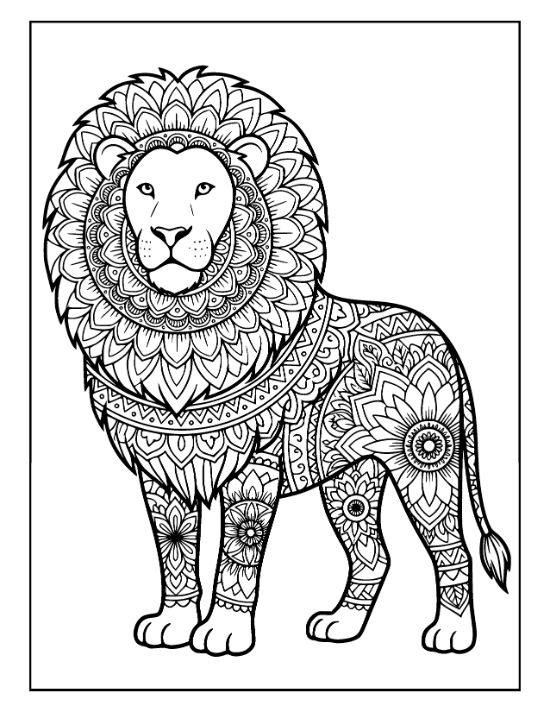 A standing lion with a dense floral mane and patterned body in a detailed mandala coloring page.