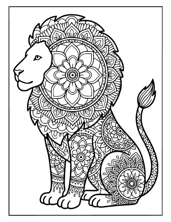 A sitting lion profile featuring a large circular floral mandala mane and patterned body coloring page.