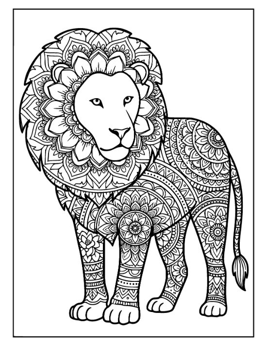 A standing lion features a mane and body filled with dense floral patterns and circular mandala motifs.