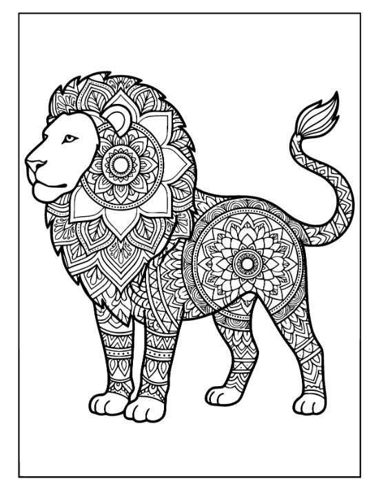 A standing lion profile featuring a mane and body filled with intricate floral patterns, bold and easy.