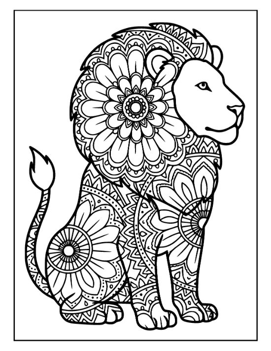 Sitting lion with a floral mane and geometric patterns on its body in this detailed coloring sheet.