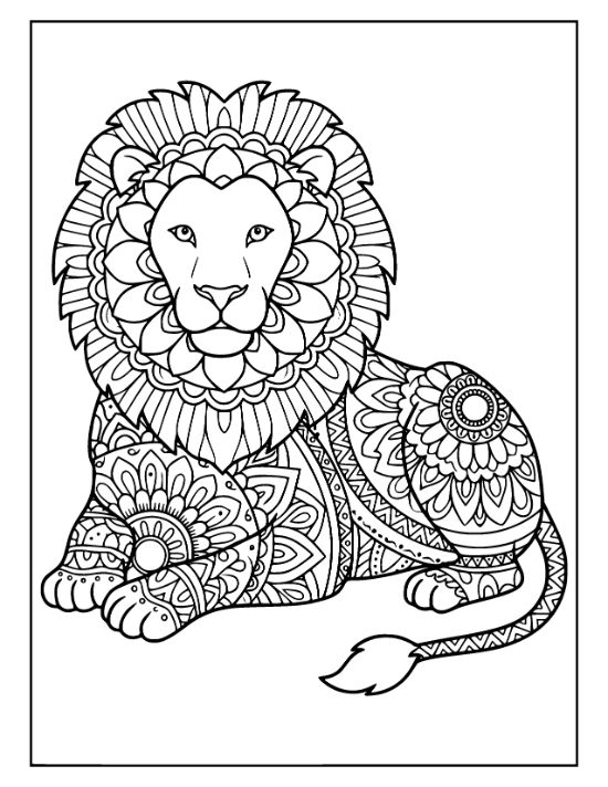 A seated lion features a floral mane and intricate geometric patterns across its body in this coloring page.