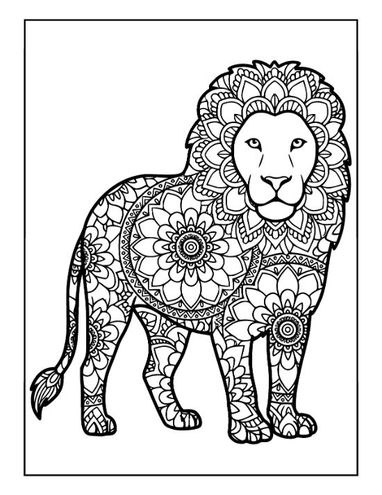 A standing lion profile filled with circular floral patterns and geometric shapes in a detailed coloring page.