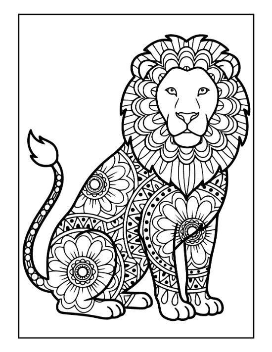 Sitting lion with a scalloped mane and floral body patterns in a detailed line art drawing.