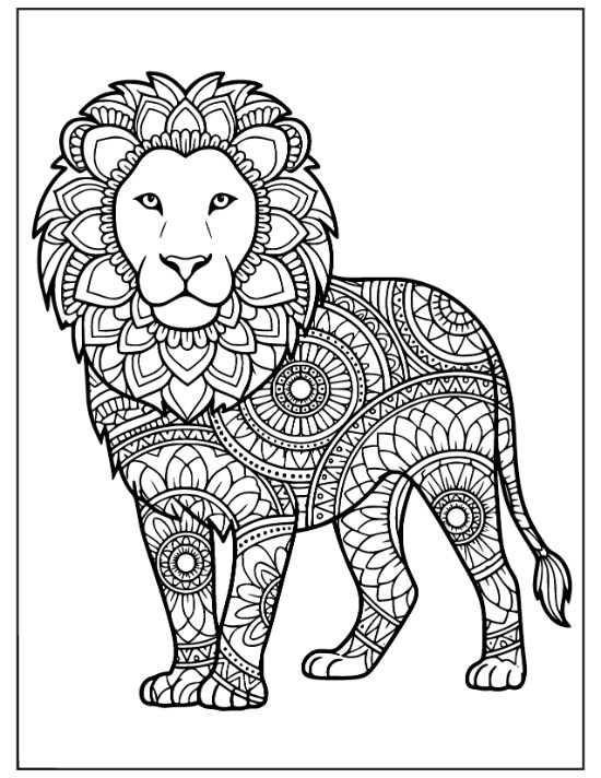 A standing lion features a floral mane and geometric patterns across its body in this coloring sheet.