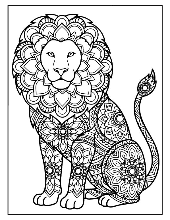Seated lion with a layered floral mane and geometric patterns across its body in a coloring sheet.
