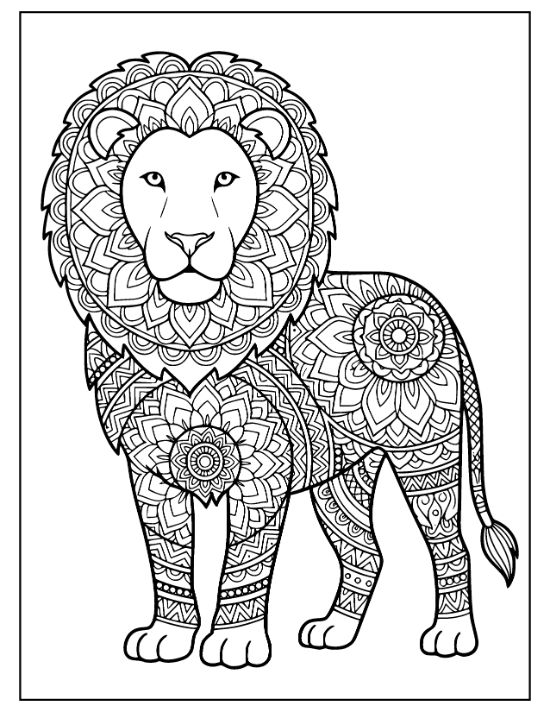 Standing lion with a floral mandala mane and patterned body in a detailed zentangle coloring sheet.