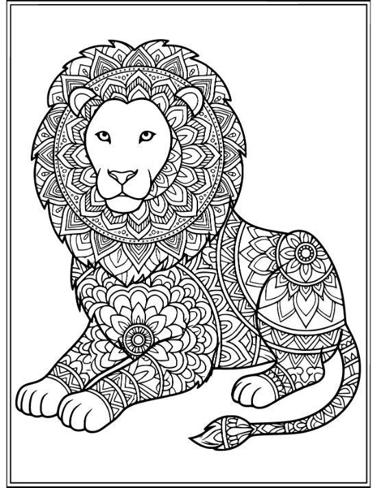 A seated lion with a dense mandala mane and patterned body in a detailed coloring page.