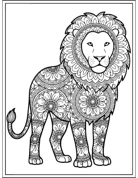 A standing lion with a floral mane and body filled with circular geometric patterns, coloring sheet.