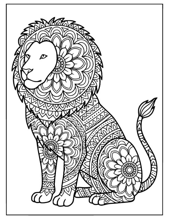Seated lion with a circular floral mane and geometric body patterns in a detailed coloring page.