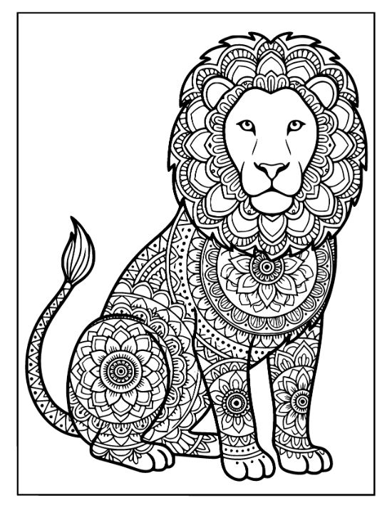 Seated lion with a floral mandala mane and intricate geometric patterns across its body coloring sheet.