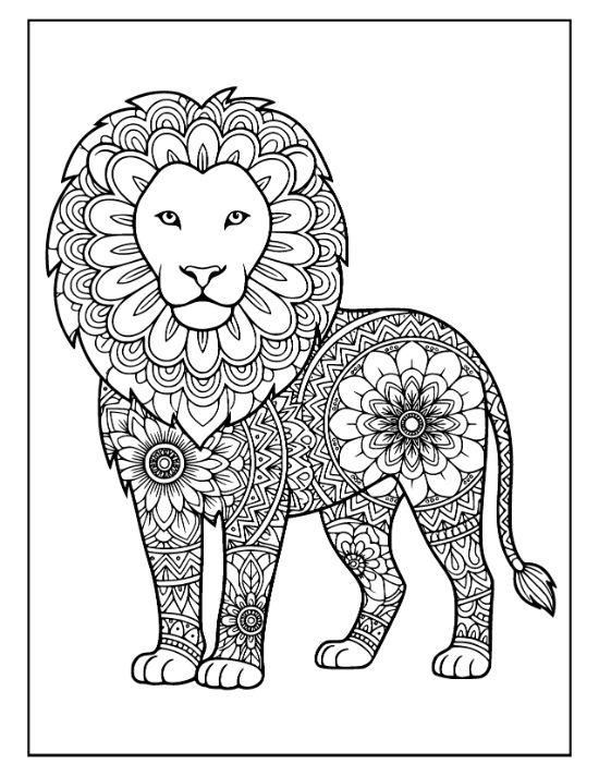 majestic lion mandala coloring pages featuring a standing lion with floral patterns and a layered mane, coloring page