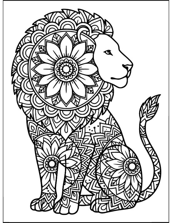 A seated lion profile featuring a large floral mandala mane and geometric patterns on its body coloring sheet.