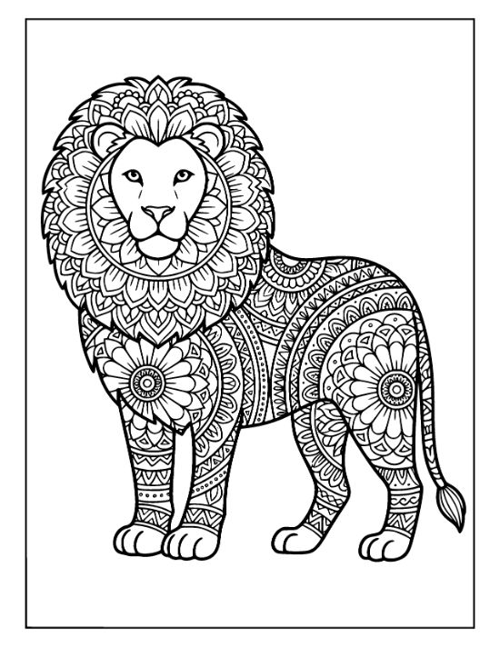 A standing lion with a floral mane and geometric patterns across its body for a coloring page.