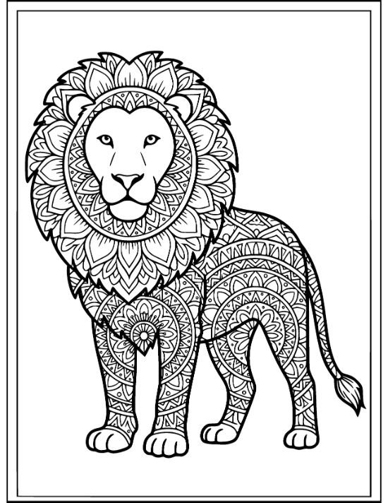 A standing lion with a floral mane and geometric patterns across its body in this line art.