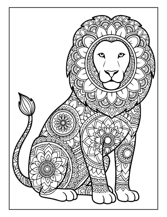 Sitting lion with a floral mane and body covered in circular zentangle patterns for a coloring page.