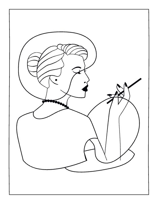 Elegant woman in profile wearing a wide brimmed hat and holding a cigarette holder coloring page.