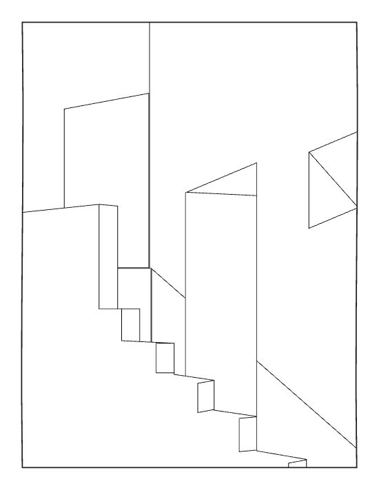 Abstract geometric architecture with minimalist lines and sharp angles in a bold and easy coloring page.