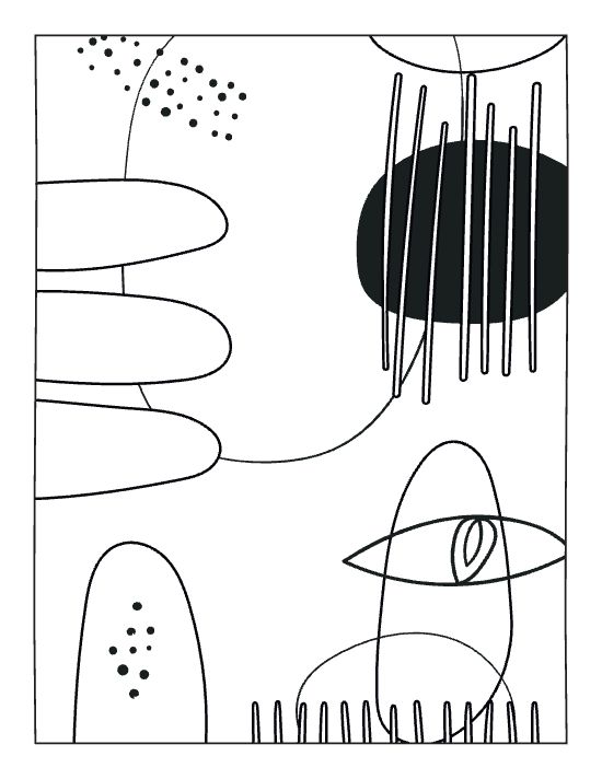 Abstract organic shapes and geometric lines create a minimalist boho adult coloring page.