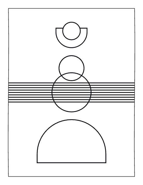 Geometric shapes including circles and a large semicircle arranged vertically in a minimalist abstract coloring page.