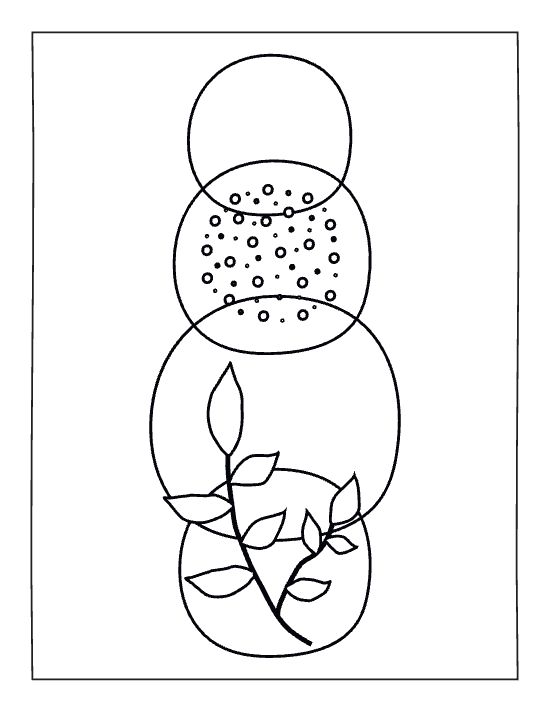 Overlapping geometric circles and a leafy botanical branch create a minimalist abstract composition coloring page.