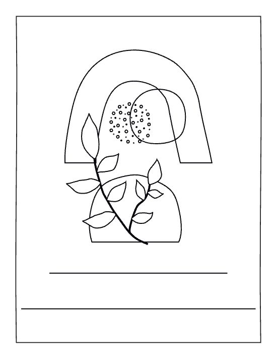 Abstract botanical branch with leaves layered over geometric arches and a dotted sun in this coloring page.