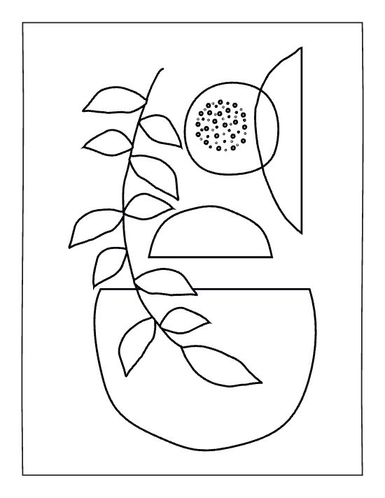 Abstract botanical stem with leaves over geometric shapes and a dotted circle in a bold and easy coloring page.