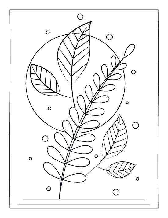 Minimalist botanical stems with veined leaves and floating circles create a serene nature themed coloring page.
