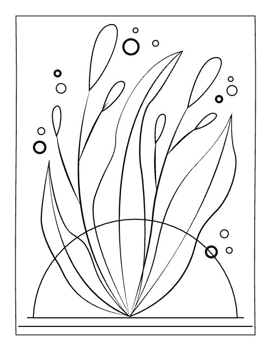 Abstract botanical stems and floating circles rise from a semicircular base in this minimalist boho coloring page.