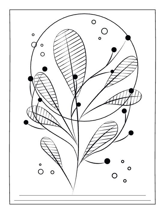 Stylized botanical branch with striped leaves and circular berries inside a large oval frame coloring page.