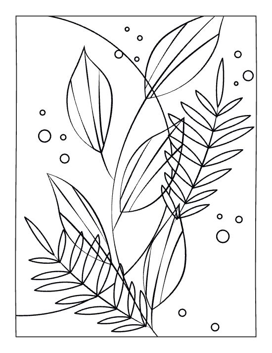 Stylized botanical leaves and floating circles create a minimalist and modern boho adult coloring page.