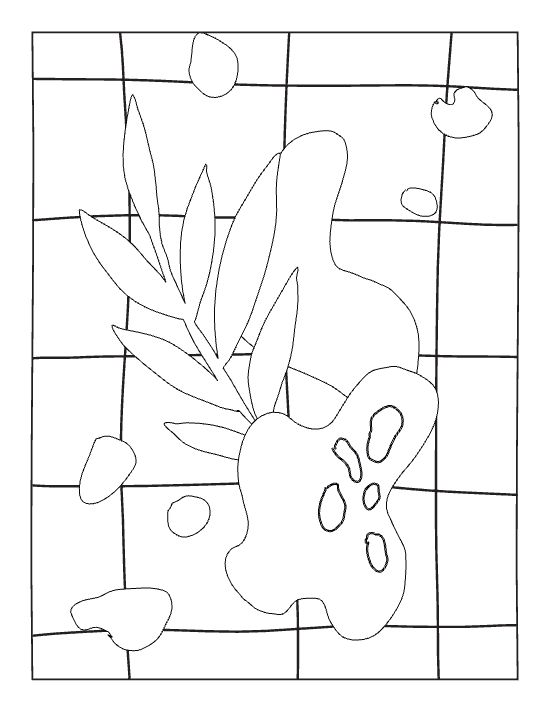 Abstract botanical leaves and organic blobs overlap a simple grid background in this minimalist bold and easy coloring page.