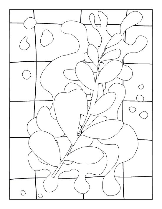 Abstract botanical stems with rounded leaves over a grid and organic shapes in a bold and easy coloring page.