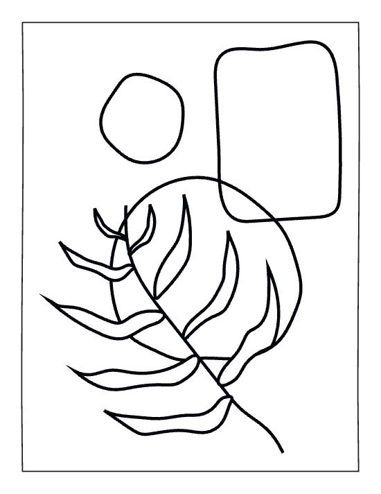 Abstract botanical shapes and organic circles overlap in a minimalist line art composition for a bold and easy coloring page.