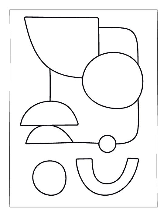 Abstract geometric shapes including circles and semicircles with thick outlines create a minimalist boho adult coloring page.
