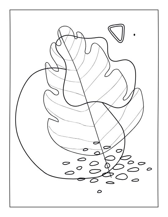 Abstract tropical leaf with geometric shapes and pebble motifs in a minimalist boho adult coloring page.