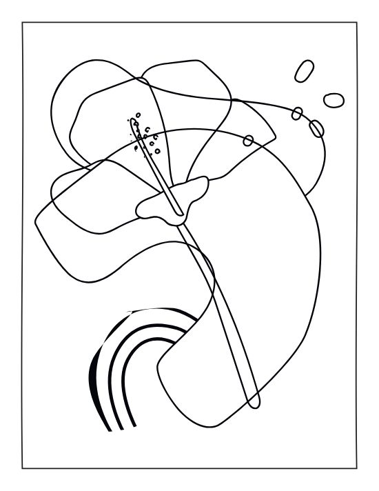 Abstract hibiscus flower with minimalist line work and a small rainbow in a bold and easy coloring page.