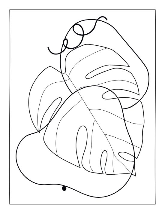 Monstera leaves with minimalist line art and abstract organic shapes in a bold and easy coloring page.