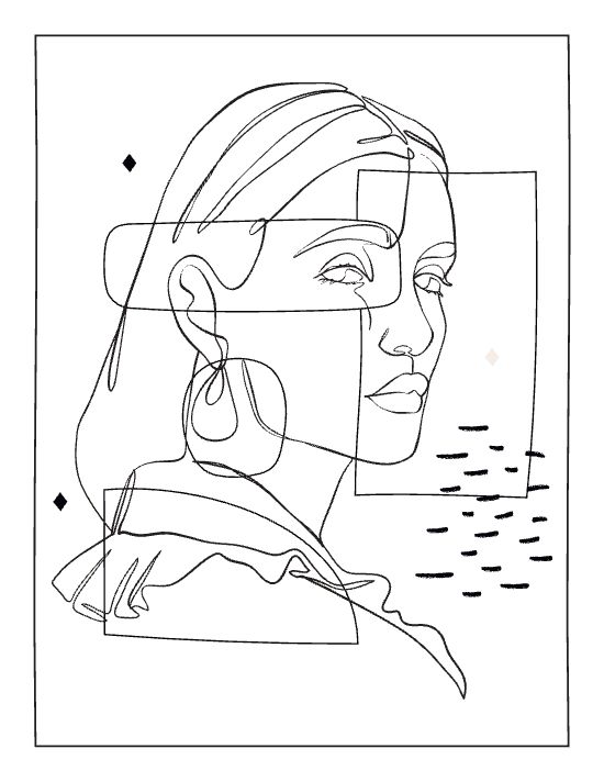 Minimalist woman portrait with overlapping geometric shapes and continuous line art in a bold and easy coloring page.