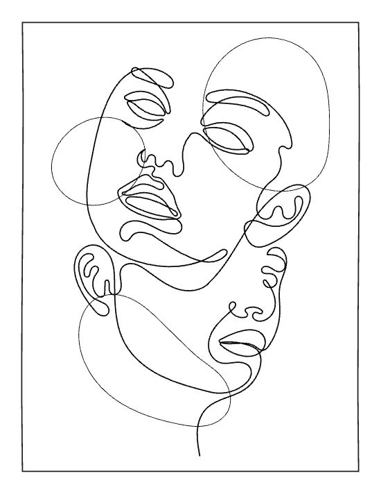 Abstract line art faces overlap with circular geometric shapes in this minimalist boho adult coloring page.