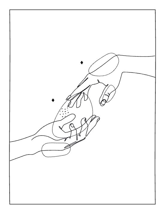 Minimalist hands reaching toward a central organic shape with fine line details in this boho coloring page.