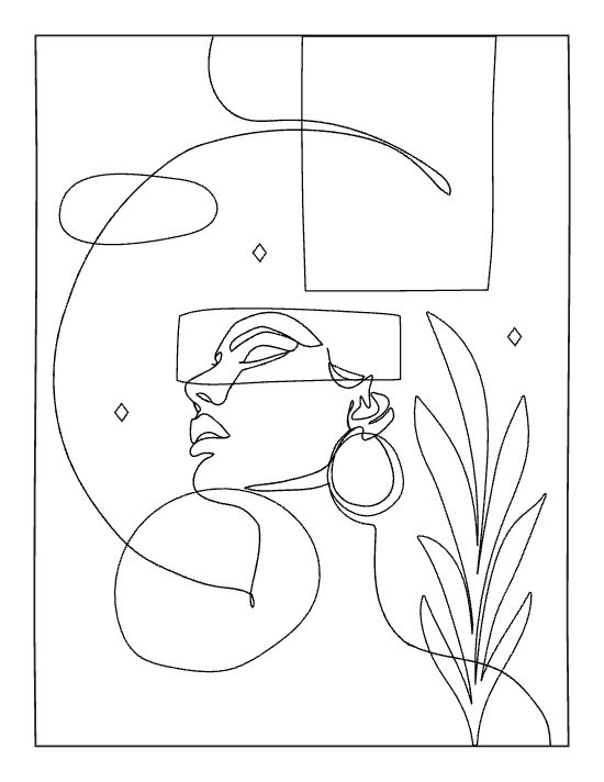 Abstract woman profile with geometric shapes and a botanical leaf in a minimalist line art coloring page.