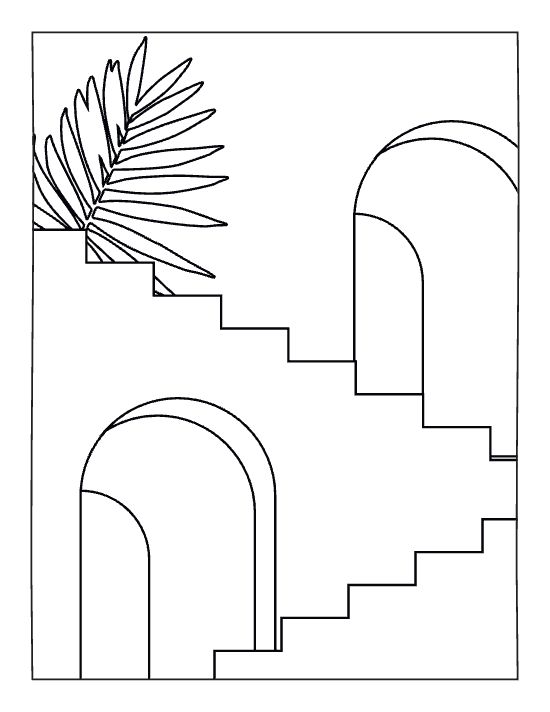 Minimalist architecture with a palm leaf, geometric stairs, and arched doorways in a bold and easy coloring page.