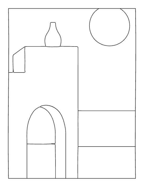 Minimalist desert architecture with a sun and vase features simple geometric shapes in this bold and easy coloring page.