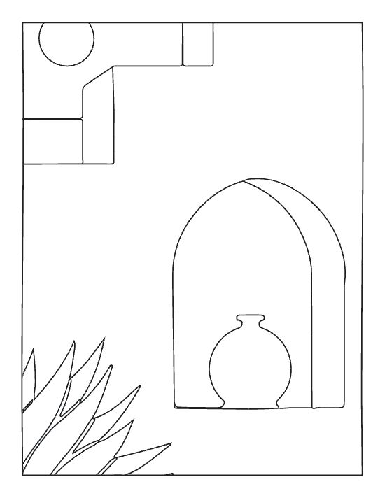 Desert courtyard featuring an arched alcove with a ceramic vase and spiky agave plant bold and easy.