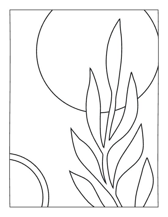 Leafy botanical sprig set against a large sun and geometric arches in a minimalist boho coloring page.